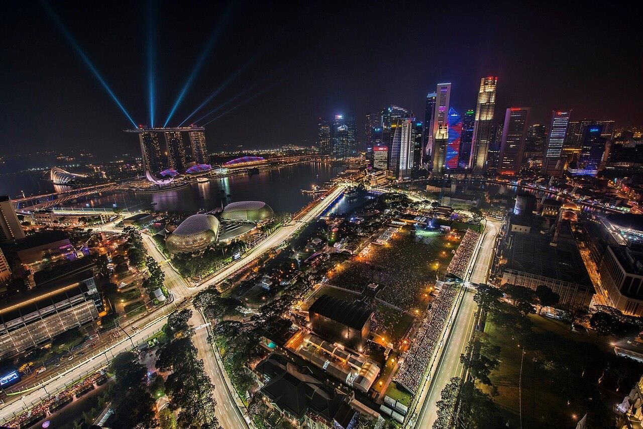 Aerial view of a city skyline at night